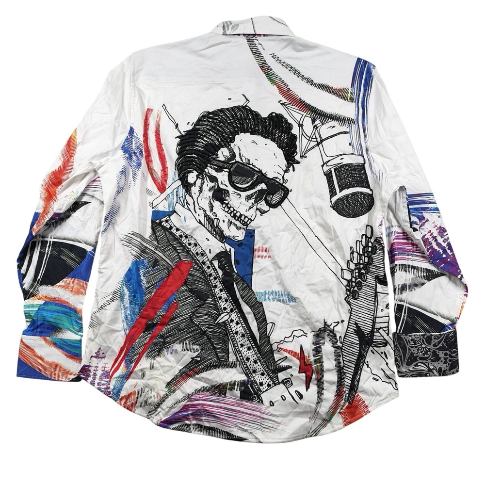 NEW Robert Graham Limited Edition Rock House Beaded Skull Guitarist Art Shirt L